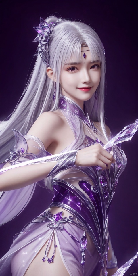  best quality, masterpiece, (Good structure),cowboy_shot, DSLR Quality,Depth of field ,looking_at_viewer,Dynamic pose, , kind smile,
1 girl,(Purple light effect),hair ornament,jewelry,looking at viewer, , dofas,(ultra-detailed crystallization),transparent crystals, , , , , ,, xiaoyixian,white hair