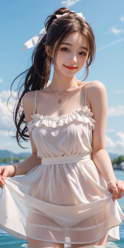  best quality, masterpiece, realistic, ,(Good structure), DSLR Quality,Depth of field,kind smile,looking_at_viewer,Dynamic pose, 
1girl, solo, long hair, breasts, looking at viewer, blush, , bangs, blue eyes,, dress, bow, , bare shoulders, jewelry, very long hair, collarbone, ponytail, white hair, hair bow, thighs, outdoors, sky, sleeveless, day, cloud, water, necklace, white dress, hair over one eye, bracelet, blue sky, blue bow, wading, pendant, doll, skirt hold, rainbow, anastasia \(fate\), eluosi