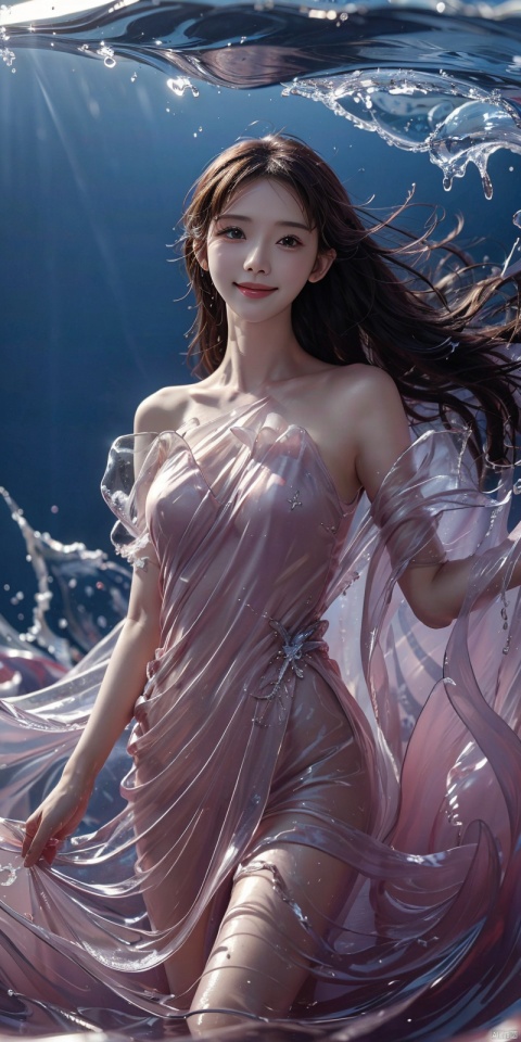 best quality, masterpiece, cowboy_shot,(Good structure), DSLR Quality,Depth of field,kind smile,looking_at_viewer,Dynamic pose, 
(ice art, translucent forms, ephemeral beauty, crystalline textures, delicate craftsmanship, chilling allure),sea,wave,liquid clothes,dress, water dress,,pose for picture,long_hair,kind smile,, liquid clothes, , sd mai, linzhiling