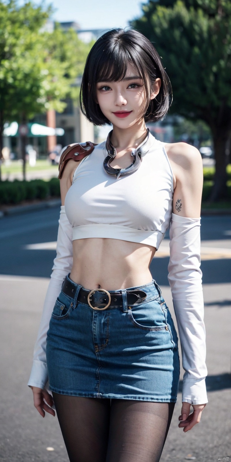  best quality, masterpiece, cowboy_shot,(Good structure), DSLR Quality,Depth of field,kind smile,looking_at_viewer,Dynamic pose,
 1girl, 3d, bare_shoulders, belt, blurry, blurry_background, blurry_foreground, branch, , , , collarbone, cosplay_photo, denim, denim_skirt, depth_of_field, , lips, long_hair, looking_at_viewer, midriff, miniskirt, motion_blur, navel, outdoors, photo_\(medium\), realistic, skirt, solo, standing, tree, , , , blackpantyhose, jiqing,short_hair