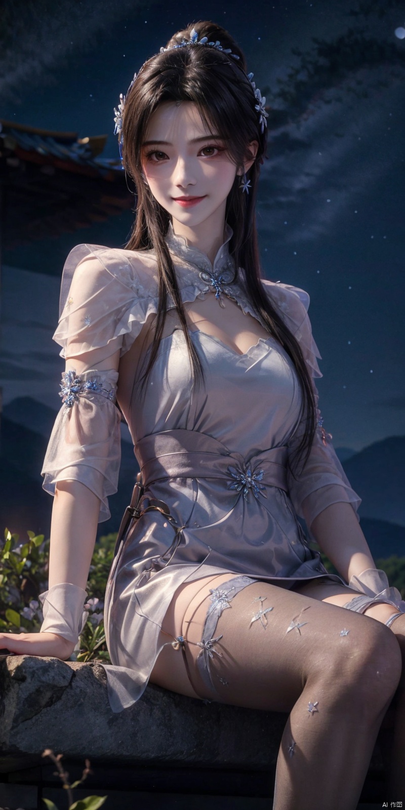  best quality, masterpiece, ,(Good structure), DSLR Quality,Depth of field,kind smile,looking_at_viewer,Dynamic pose, realistic ,
On the mountaintop, you can see the starry sky, and a beautiful girl is sitting on the grass. It is a masterpiece of a master, with stunning beauty, eye close-up, natural beauty, long legs, and short skirt, ,blackpantyhose, xiaqingyue