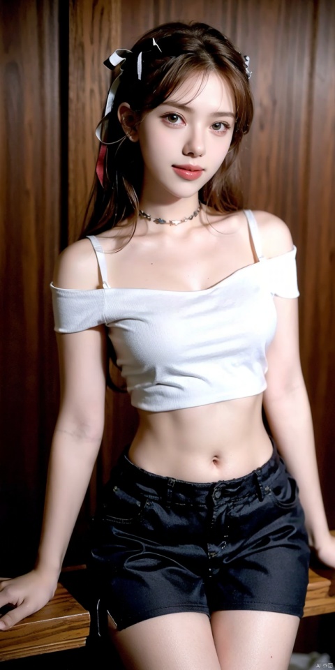 nai3, 1girl, shorts, solo, crop top, choker, pencil skirt, skirt, , navel, shirt, midriff, crop top overhang, looking at viewer, white shirt, jewelry, breasts, cowboy shot, bare shoulders,  off-shoulder shirt, off shoulder, black choker, thighs, stomach, hand on own thigh, long hair, bracelet, short sleeves, ribbon, hand up, collarbone, hair ribbon, medium breasts, standing, , , bra strap, kind smile, hair ornament, thigh gap, bangs, necklace, expressionless,, , heiguafu,brown-hair