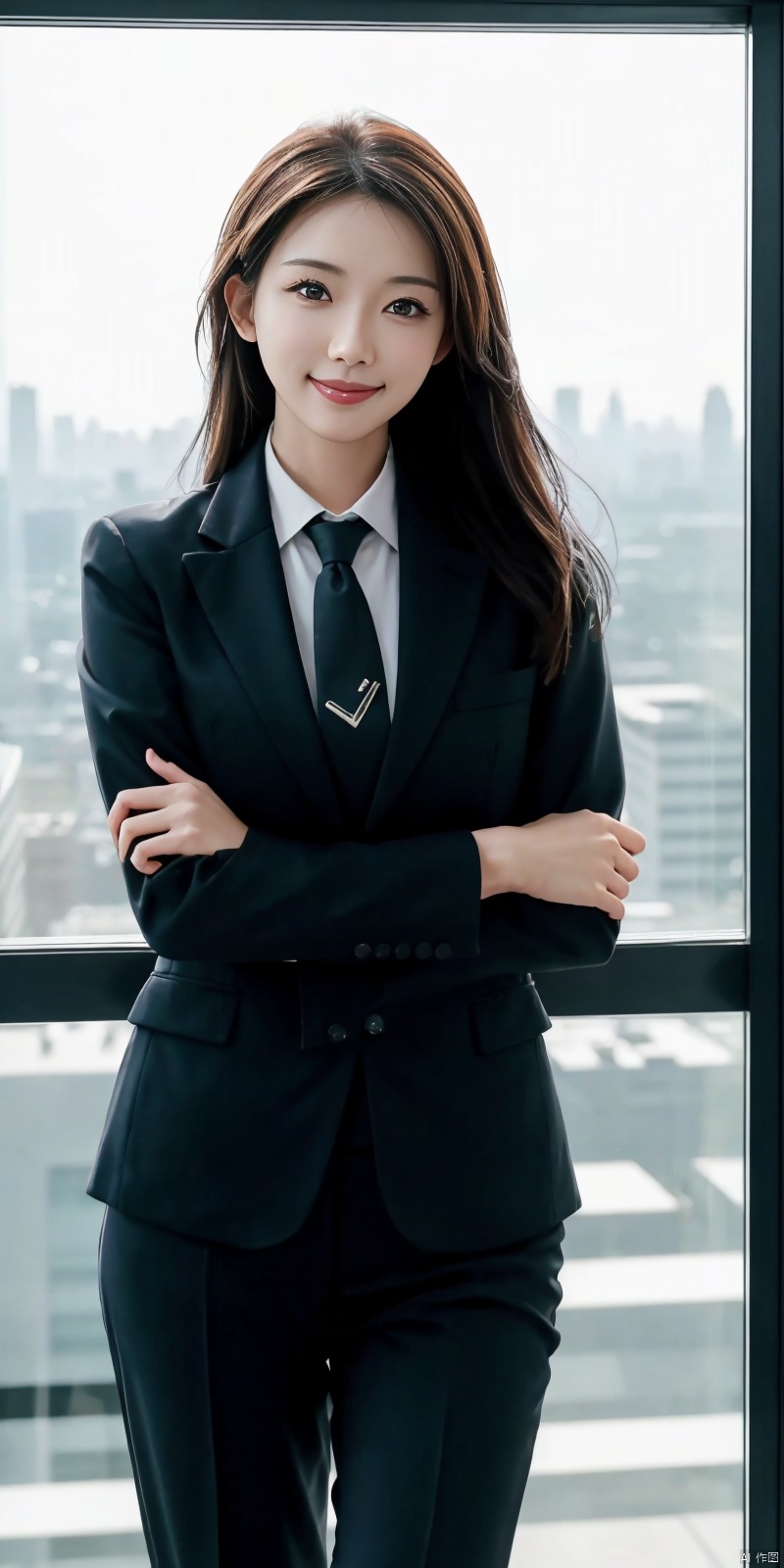  best quality, masterpiece, cowboy_shot,(Good structure), DSLR Quality,Depth of field,kind smile,looking_at_viewer,Dynamic pose, 
Modern businesswoman, dressed in a sleek suit and tie, posing confidently in a modern office setting, cityscape view through the window, focused expression, powerful pose, professional attire, realistic lighting, sharp focus.,linzhilin,