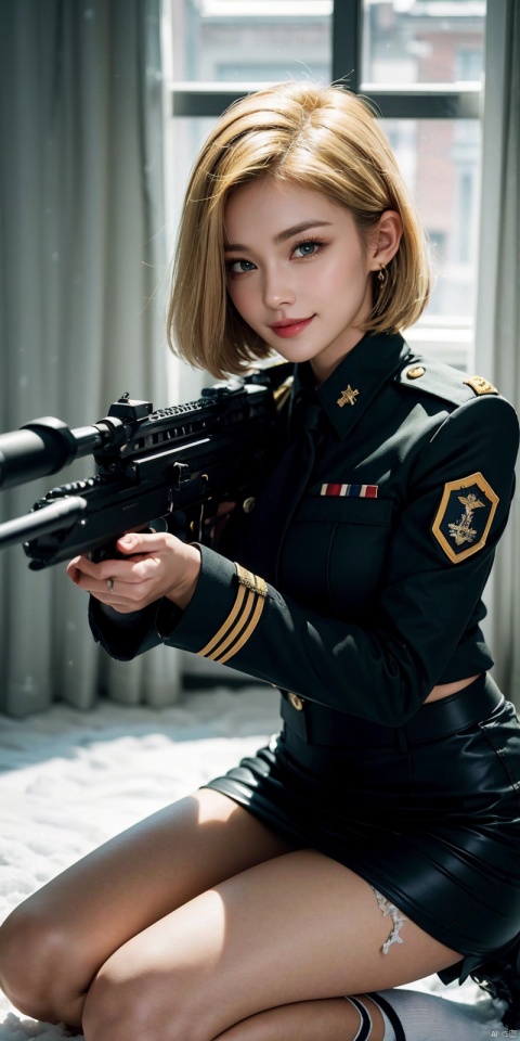  one blonde women wearing tight military uniforms,Kneeling on one knee, White military uniform, pencil_skirt,aiming action,holding an assault rifle in her hand, snow, highly detailed, ultra-high resolution, 32K ultra high definition, best quality, masterpiece, android 18, ,renzaoren,kind smile