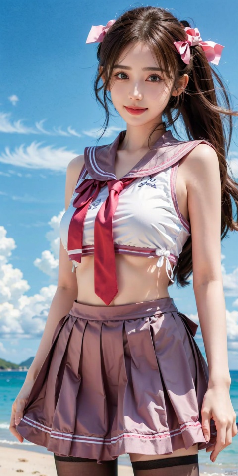  cowboy shot,(Good structure), DSLR Quality,Blue sky and white clouds on the beach,(high-detail skin) , 8K ultra-hd, , high quality, high resolution,(photo realistic: 1.3) 
, sailor senshi uniform,pink bow,pink necktie,pink sailor collar,pinkskirt,black pantyhose, , ,kind smile,  nazha, ((poakl)), 1girl