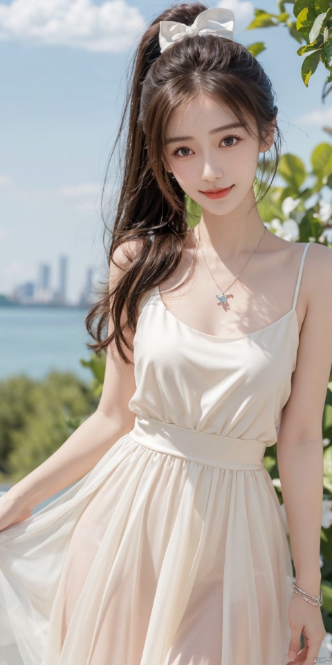  best quality, masterpiece, realistic, ,(Good structure), DSLR Quality,Depth of field,kind smile,looking_at_viewer,Dynamic pose, 
1girl, solo, long hair, , looking at viewer, blush, , bangs, blue eyes,, dress, bow, , bare shoulders, jewelry, very long hair, collarbone, ponytail, white hair, hair bow, thighs, outdoors, sky, sleeveless, day, cloud, water, necklace, white dress, hair over one eye, bracelet, blue sky, blue bow, wading, pendant, doll, skirt hold, rainbow, anastasia \(fate\), ,  , , angel