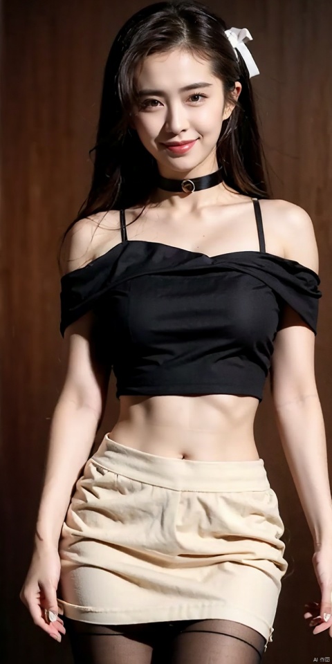 nai3, 1girl, shorts, solo, crop top, choker, pencil skirt, skirt, , navel, shirt, midriff, crop top overhang, looking at viewer, white shirt, jewelry, breasts, cowboy shot, bare shoulders,  off-shoulder shirt, off shoulder, black choker, thighs, stomach, hand on own thigh, long hair, bracelet, short sleeves, ribbon, hand up, collarbone, hair ribbon, medium breasts, standing, , , bra strap, kind smile, hair ornament, thigh gap, bangs, necklace, expressionless,, , , blackpantyhose, wangzuxian