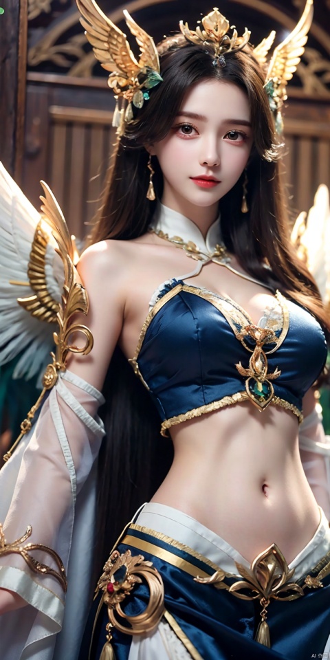  Good structure), DSLR Quality,Depth of field,kind smile,looking_at_viewer,Dynamic pose,,1girl, solo, long hair, breasts, looking at viewer, hair ornament, navel, cleavage, jewelry, medium breasts, standing, , wings, nail polish, feathered wings,liushen



,moyou, liushen, ((poakl))