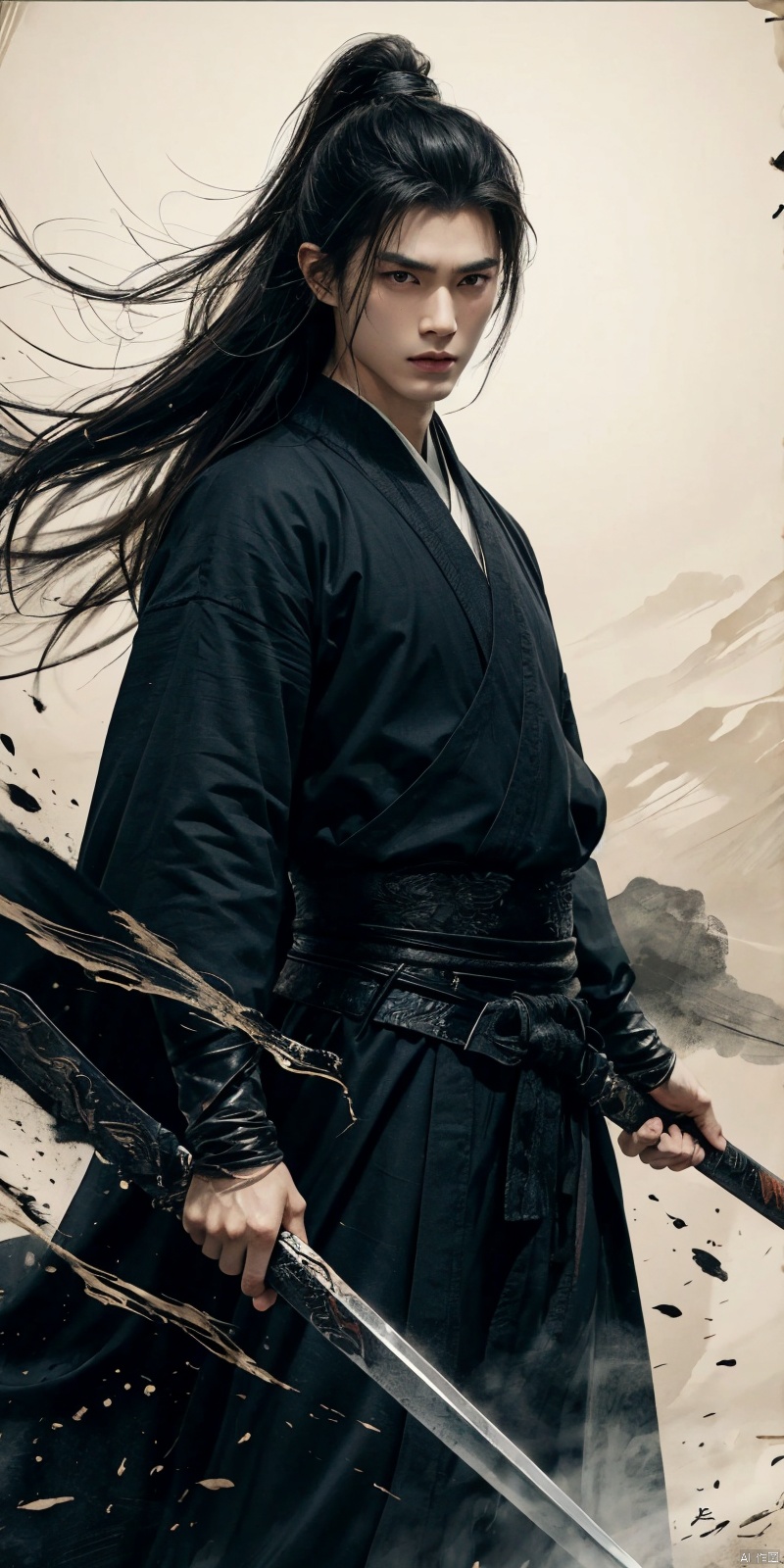  sdmai, wuxia, Chinese ink painting, artistic ink painting, Chinese martial arts films, wearing black robes, fighting posture, cinematic grandeur, splashing details, wild and powerful, solo, weapon, black hair, sword, long hair, male focus, looking at viewer, 1boy, scar, asuo, ((poakl)), 1girl