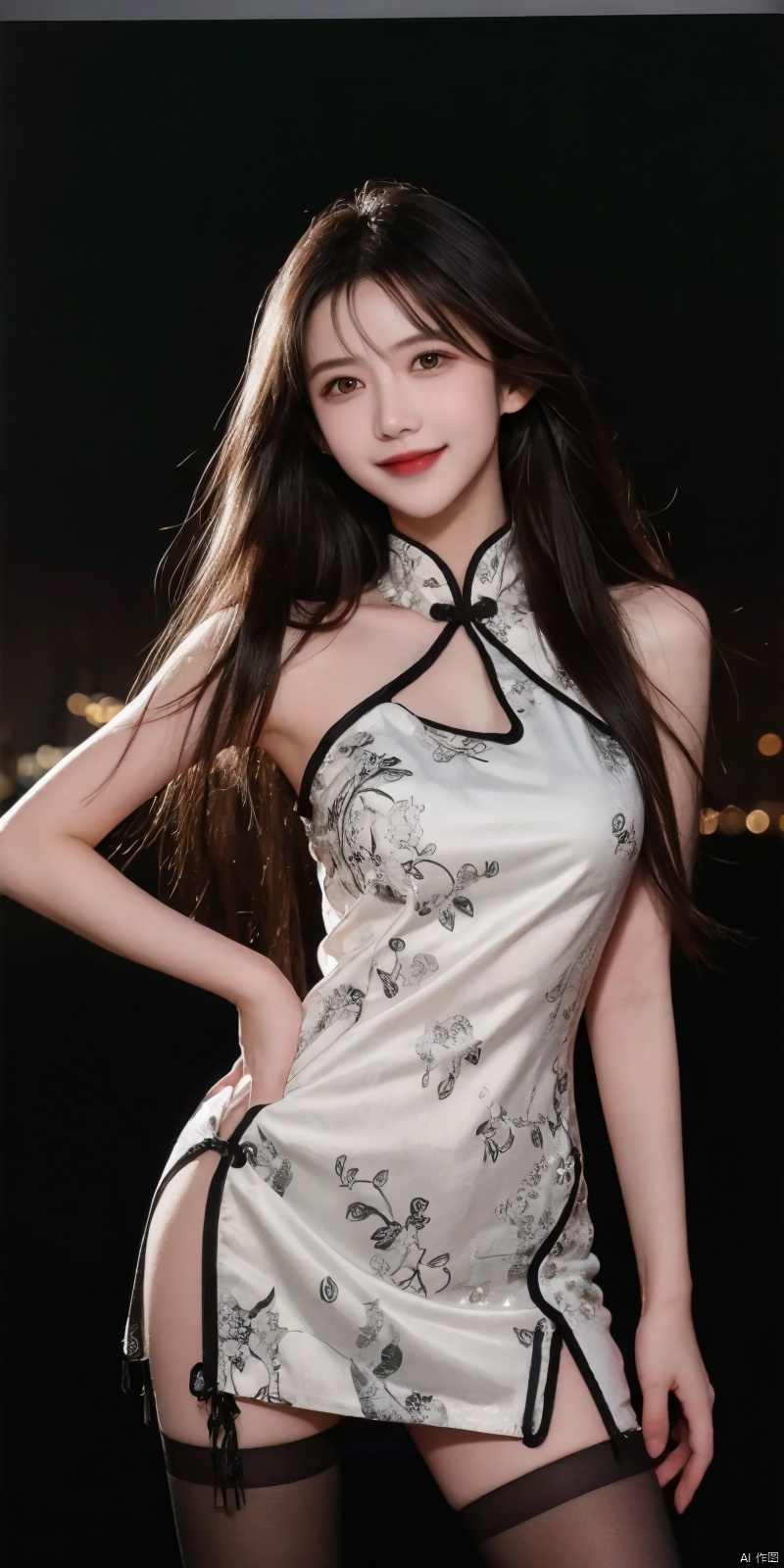  best quality, masterpiece, cowboy_shot,(Good structure), DSLR Quality,Depth of field,kind smile,looking_at_viewer,Dynamic pose, 
,,, (high definition: 1.0), (HD: 1.0), , (ultra resolution: 1.0), (4K: 1.0), (photorealistic: 1.0), (realistic: 1.0), , (professional photography: 1.0), (DSLR quality: 1.0), , (detailed: 1.0), (sharp focus: 1.0), , (masterpiece: 1.2), (epic shot: 1.2),
 Cinematic, , Natural lighting, , solo, 1girl,Wind, flowing hair, kind smile, , pose for picture, Dynamic pose, looking_at_viewer,
A young model in Chinese dress poses with her arms leisurely, in front of divine light with silhouette light illuminating the edges of the long curly hair, snowflake, outdoors,
Excellent skin texture, gaze deeply, cheerful atmosphere, in the style of eye-catching resin jewelry, matte photo, minimalist beauty, meticulous linework precision, The background is a bustling city,High resolution,8K, neo-chinese style, huayu, 1girl,police,thighhighs, , , , Detail, china dress, blackpantyhose, , dress, , , ,qingyi, sufei