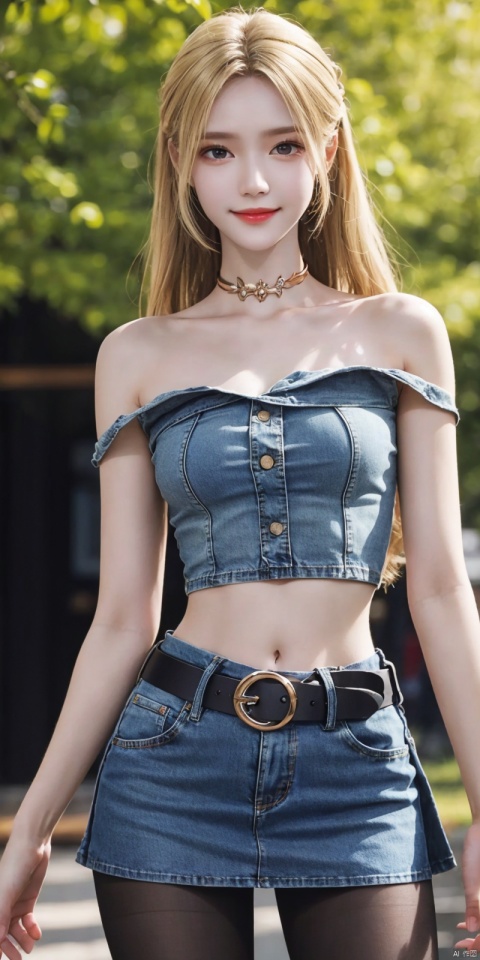  best quality, masterpiece, cowboy_shot,(Good structure), DSLR Quality,Depth of field,kind smile,looking_at_viewer,Dynamic pose,
 1girl, 3d, bare_shoulders, belt, blurry, blurry_background, blurry_foreground, branch, , , , collarbone, cosplay_photo, denim, denim_skirt, depth_of_field, , lips, long_hair, looking_at_viewer, midriff, miniskirt, motion_blur, navel, outdoors, photo_\(medium\), realistic, skirt, solo, standing, tree, , , , blackpantyhose, , , , qianrenxue,blond_hair