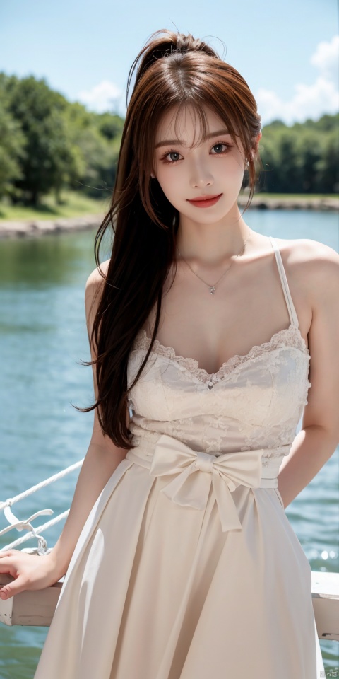  best quality, masterpiece, realistic, ,(Good structure), DSLR Quality,Depth of field,kind smile,looking_at_viewer,Dynamic pose, 
1girl, solo, long hair, breasts, looking at viewer, blush, , bangs, blue eyes,, dress, bow, , bare shoulders, jewelry, very long hair, collarbone, ponytail, white hair, hair bow, thighs, outdoors, sky, sleeveless, day, cloud, water, necklace, white dress, hair over one eye, bracelet, blue sky, blue bow, wading, pendant, doll, skirt hold, rainbow, anastasia \(fate\),
  longni