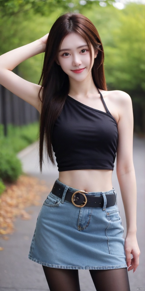  best quality, masterpiece, full_body,(Good structure), DSLR Quality,Depth of field,kind smile,looking_at_viewer,Dynamic pose,
 1girl, 3d, bare_shoulders, belt, blurry, blurry_background, blurry_foreground, branch, , , , collarbone, *******_photo, denim, denim_skirt, depth_of_field, , lips, long_hair, looking_at_viewer, midriff, miniskirt, motion_blur, navel, outdoors, photo_\(medium\), realistic, skirt, solo, standing, tree, , , , blackpantyhose, , , , , , , , nalanyanran
