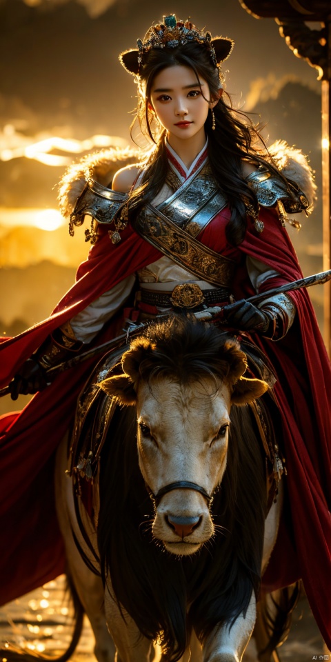 (Good structure), DSLR Quality,Depth of field,kind smile,looking_at_viewer,Dynamic pose, 1girl,Wearing a jade crown, shining silver armor, and wearing a lion headband. Treading towards the sky with cow tendon boots; Wearing a crimson cloak on her shoulders, carrying a three foot green blade on her waist, and carrying an iron tire bow on her back, coupled with her tall figure and resolute expression,Facing the camera, liuyifei, ((poakl))