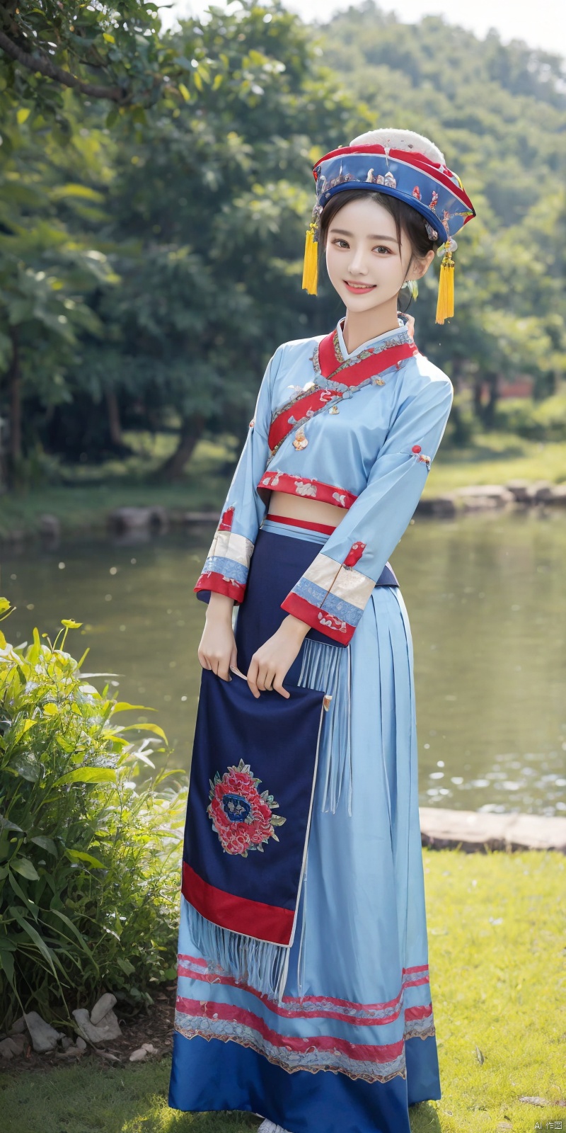 zhuangzu, 1girl, skirt hold, solo, hat, smile, looking at viewer, outdoors, traditional clothes, standing