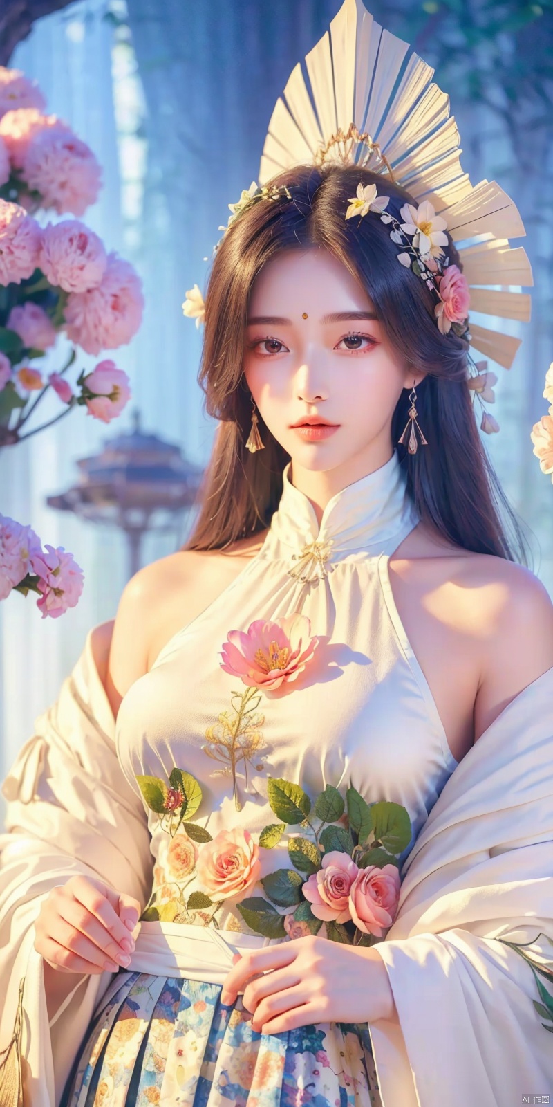  (masterpiece, top quality, best quality, official art, beautiful and aesthetic:1.2),(1girl),upper body,extreme detailed,(fractal art:1.3),colorful,flowers,highest detailed,1 girl,glowing,skirt tied over head,shirt, 1girl, , , ((poakl)), liushen