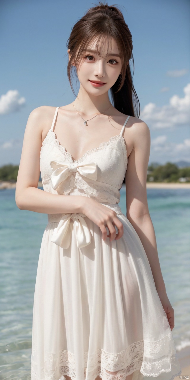  best quality, masterpiece, realistic, ,(Good structure), DSLR Quality,Depth of field,kind smile,looking_at_viewer,Dynamic pose, 
1girl, solo, long hair, breasts, looking at viewer, blush, , bangs, blue eyes,, dress, bow, , bare shoulders, jewelry, very long hair, collarbone, ponytail, white hair, hair bow, thighs, outdoors, sky, sleeveless, day, cloud, water, necklace, white dress, hair over one eye, bracelet, blue sky, blue bow, wading, pendant, doll, skirt hold, rainbow, anastasia \(fate\),
  longni