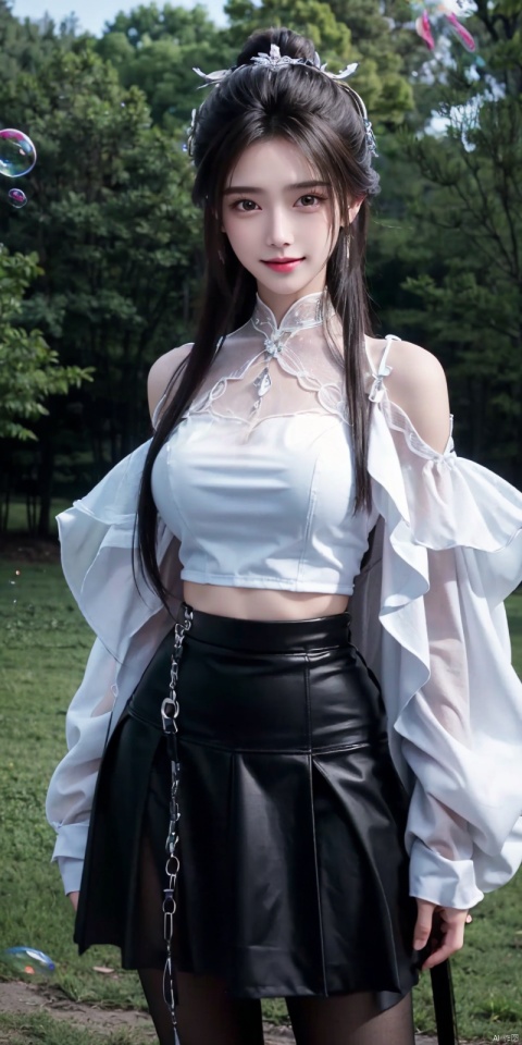  (Good structure),full_body, DSLR Quality,Depth of field ,looking_at_viewer,Dynamic pose, , kind smile,,
1girl, solo, breasts, looking at viewer, short hair, skirt, brown hair, bare shoulders, brown eyes, jewelry, standing, short sleeves, , parted lips, midriff, black skirt, necklace,  lips, crop top, bubble, luxueqi, blackpantyhose