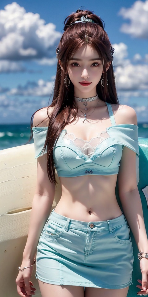  cowboy_shot,(Good structure), DSLR Quality,Short skirt,Blue sky, white clouds, ocean,((Surf)), nai3, 1girl, solo, crop top, , choker, navel, shirt, midriff, crop top overhang, looking at viewer, white shirt, jewelry, breasts, bare shoulders, off-shoulder shirt, off shoulder, black choker, thighs, stomach, long hair, bracelet, short sleeves, ribbon, hand up, collarbone, hair ribbon, medium breasts, , bra strap, , hair ornament, thigh gap, necklace, expressionless, , ,kind smile, ,,brown hair, yeqinxian