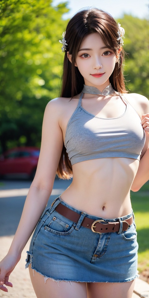  best quality, masterpiece, cowboy_shot,(Good structure), DSLR Quality,Depth of field,kind smile,looking_at_viewer,Dynamic pose,
 1girl, 3d, bare_shoulders, belt, blurry, blurry_background, blurry_foreground, branch, , , , collarbone, cosplay_photo, denim, denim_skirt, depth_of_field, , lips, long_hair, looking_at_viewer, midriff, miniskirt, motion_blur, navel, outdoors, photo_\(medium\), realistic, skirt, solo, standing, tree, , , , , huolinger