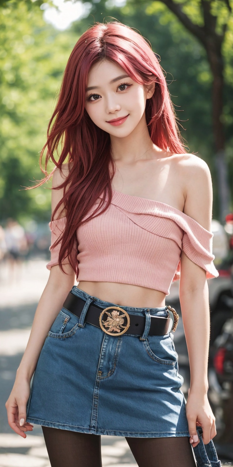  best quality, masterpiece, cowboy_shot,(Good structure), DSLR Quality,Depth of field,kind smile,looking_at_viewer,Dynamic pose,
 1girl, 3d, bare_shoulders, belt, blurry, blurry_background, blurry_foreground, branch, , , , collarbone, cosplay_photo, denim, denim_skirt, depth_of_field, , lips, long_hair, looking_at_viewer, midriff, miniskirt, motion_blur, navel, outdoors, photo_\(medium\), realistic, skirt, solo, standing, tree, , , , blackpantyhose, , yae miko,pink hair