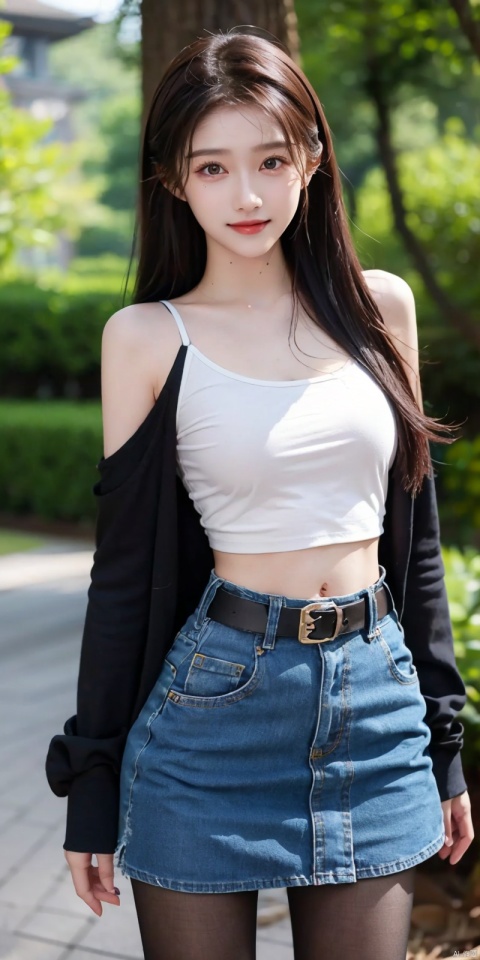  best quality, masterpiece, cowboy_shot,(Good structure), DSLR Quality,Depth of field,kind smile,looking_at_viewer,Dynamic pose,
 1girl, 3d, bare_shoulders, belt, blurry, blurry_background, blurry_foreground, branch, , , , collarbone, cosplay_photo, denim, denim_skirt, depth_of_field, , lips, long_hair, looking_at_viewer, midriff, miniskirt, motion_blur, navel, outdoors, photo_\(medium\), realistic, skirt, solo, standing, tree, , , , blackpantyhose,   guanxiaotong