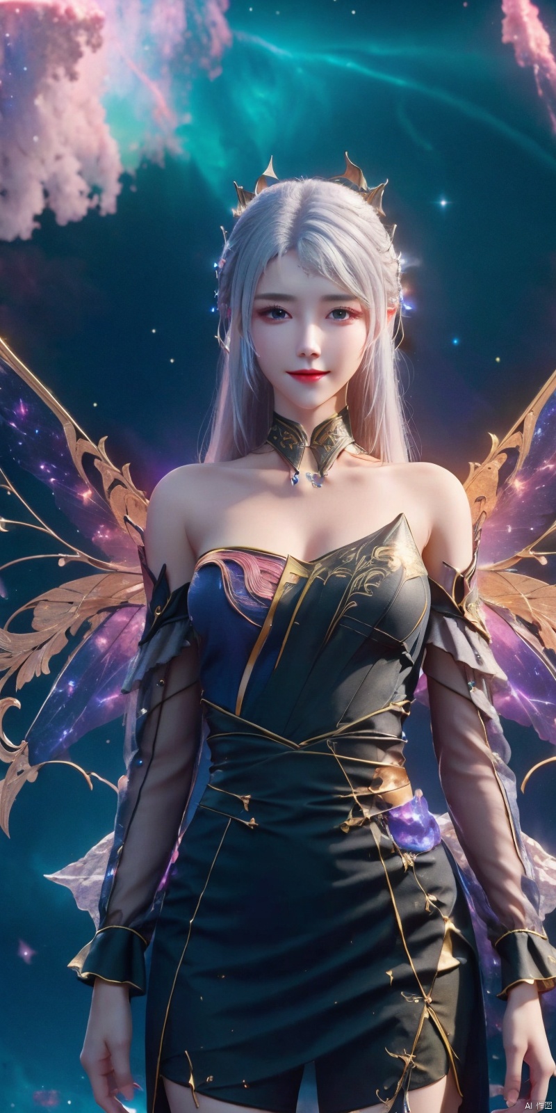 best quality, masterpiece, cowboy_shot,(Good structure), DSLR Quality,Depth of field,kind smile,looking_at_viewer,Dynamic pose, 
, 1girl, wings, solo, nebula wings, , long hair, navel, dress, pink wings, looking at viewer, star \(sky\), , , bare shoulders, sky, starry sky, collarbone, realistic, nebula,,, , xuancaiqun, ,  , luoli.white hair ,