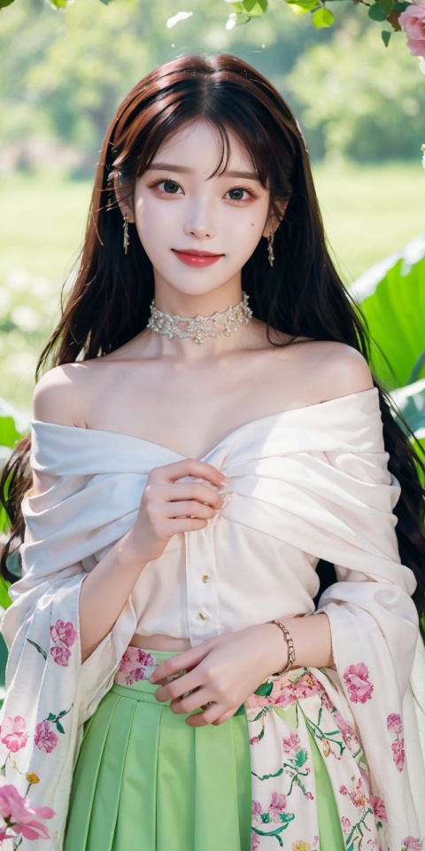  A girl, silk, cocoon, spider web, Solo, Complex Details, Color Differences, Realistic, (Moderate Breath), Off Shoulder, Pink Long Hair, White Headwear, Hair Above One Eye, Green Eyes, Earrings, Sharp Eyes, Perfect Fit, Choker, Dim Lights, cocoon, transparent, jiBeauty, 1girl, flowers, mtianmei, Look at the camera., flowing skirts, Giant flowers, good hands, dofas, lizhien, ((poakl)), Light master,kind smile