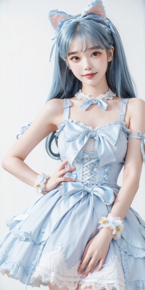  (Good structure), DSLR Quality,,,Girl, bare shoulders, blue hair, boobs, bow tie, brown eyes, cat ears, collar, ((Lolita Dress: 1.4)) , blue and white Lolita dress, wrinkled leg outfit, hand-held, lips, nose, shoulders, , alone, two-tailed, kind smile, looking at the audience, white leg costume, wrist cuffs, 1girl,,looking_at_viewer, lolidress, , lizhien