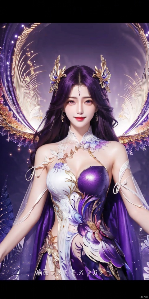  (masterpiece, top quality, best quality, official art, beautiful and aesthetic:1.2), (1girl), extreme detailed,(fractal art:1.3),colorful,highest detailed,Dreamy Atmosphere,Bright color,Complete clothes., ((poakl)), , yunxi,purple hair, sunyi,kind smile,Dynamic pose