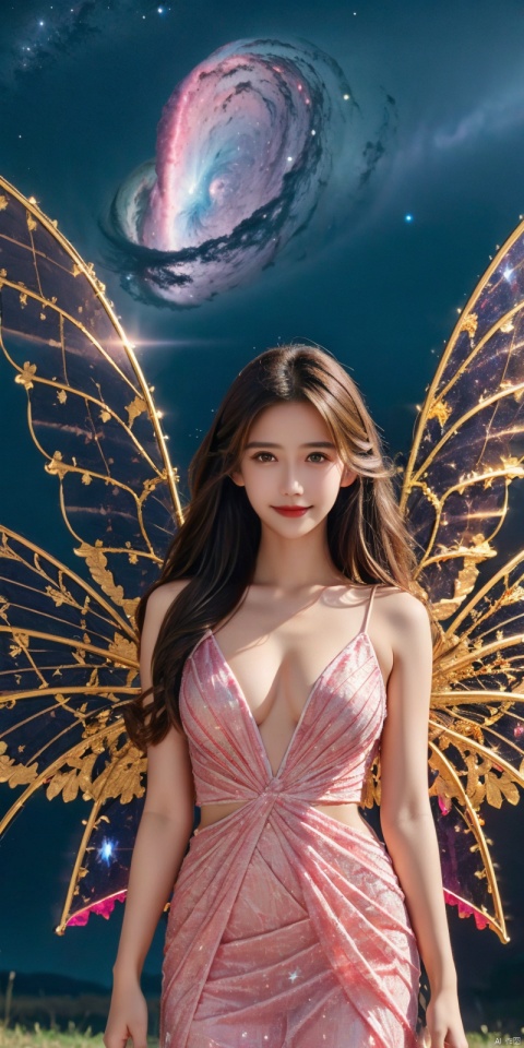  (Good structure), DSLR Quality,Depth of field,kind smile,looking_at_viewer,Dynamic pose, 1girl, wings, solo, nebula wings, breasts, , long hair, navel, dress, pink wings, looking at viewer, star \(sky\), , , bare shoulders, sky, starry sky, collarbone, realistic, nebula, ((poakl)),, sufei, angel