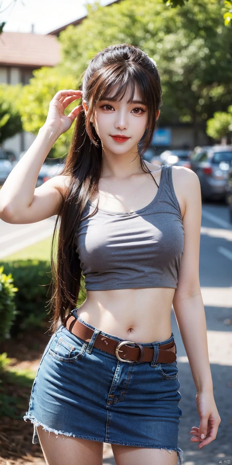  best quality, masterpiece, cowboy_shot,(Good structure), DSLR Quality,Depth of field,kind smile,looking_at_viewer,Dynamic pose,
 1girl, 3d, bare_shoulders, belt, blurry, blurry_background, blurry_foreground, branch, , , , collarbone, cosplay_photo, denim, denim_skirt, depth_of_field, , lips, long_hair, looking_at_viewer, midriff, miniskirt, motion_blur, navel, outdoors, photo_\(medium\), realistic, skirt, solo, standing, tree, , xiaowu