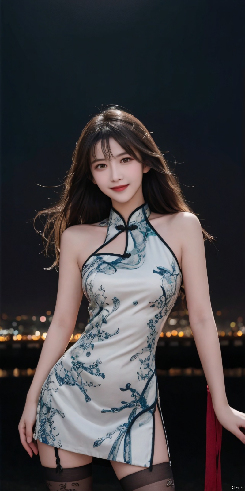  best quality, masterpiece, cowboy_shot,(Good structure), DSLR Quality,Depth of field,kind smile,looking_at_viewer,Dynamic pose, 
,,, (high definition: 1.0), (HD: 1.0), , (ultra resolution: 1.0), (4K: 1.0), (photorealistic: 1.0), (realistic: 1.0), , (professional photography: 1.0), (DSLR quality: 1.0), , (detailed: 1.0), (sharp focus: 1.0), , (masterpiece: 1.2), (epic shot: 1.2),
 Cinematic, , Natural lighting, , solo, 1girl,Wind, flowing hair, kind smile, , pose for picture, Dynamic pose, looking_at_viewer,
A young model in Chinese dress poses with her arms leisurely, in front of divine light with silhouette light illuminating the edges of the long curly hair, snowflake, outdoors,
Excellent skin texture, gaze deeply, cheerful atmosphere, in the style of eye-catching resin jewelry, matte photo, minimalist beauty, meticulous linework precision, The background is a bustling city,High resolution,8K, neo-chinese style, huayu, 1girl,police,thighhighs, , , , Detail, china dress, blackpantyhose, , dress, , , ,qingyi, sufei