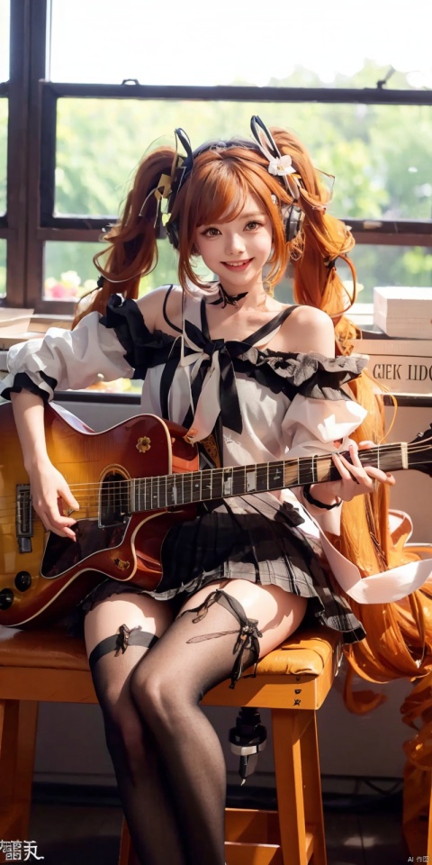 (Good structure),cowboy_shot,solo, 1girl, long hair, ,, thighhighs, very long hair, 
(masterpiece), (best quality), illustration, ultra detailed, hdr, Depth of field, (colorful), loli, 1girl, instrument, solo, long hair, very long hair, detached sleeves, sitting, neck ribbon, headphones,  ribbon, high heels, playing instrument,  guitar,holding, music, , holding instrument,  petals, open mouth, bare shoulders, hair between eyes, stool,looking at viewer,   hair ornament, nail polish,electric guitar,  smile, ((poakl)), blackpantyhose, anqila,anqila,orange hair,twintails,yelloweyes