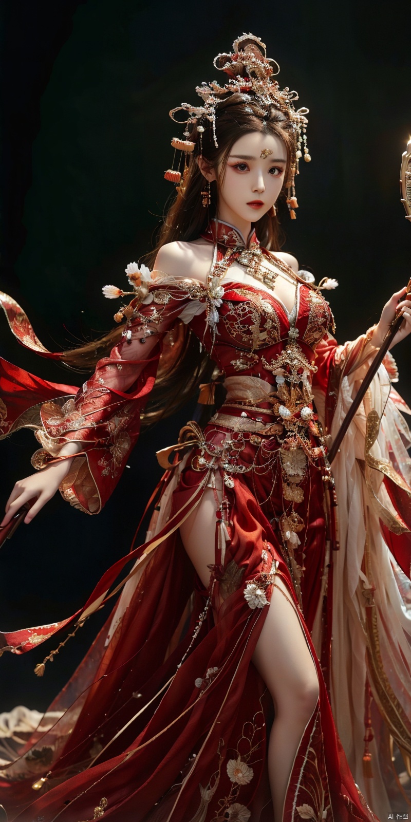  cowboy_shot,(Good structure), DSLR Quality,Depth of field,kind smile,looking_at_viewer,Dynamic po,masterpiece, official art, extremely detailed cg unity 8k wallpaper, highly detailed, absurdres, 8k resolution, 1girl, long hair, solo, black hair, dress, holding, fire, white dress, staff, barefoot, jewelry, dark skin, long dress, breasts, weapon, polearm, holding staff, bracelet, looking at viewer, dark-skinned female, standing, torn clothes, blood, spear, holding weapon, medium breasts, floating hair, closed mouth, embers, holding polearm , depth of field, panorama, cinematic lighting, ray tracing, ((poakl)), chineseclothes, hanikezi