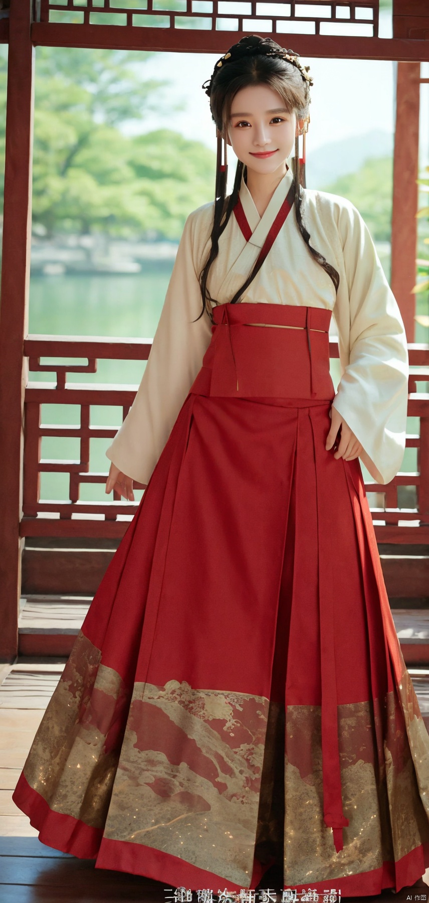best quality, masterpiece, realistic,cowboy_shot,(Good structure), DSLR Quality,Depth of field,kind smile,looking_at_viewer,Dynamic pose, 
1girl,lianmo,chinese clothes,dress,skirt,long skirt,red skirt,long sleeves,hanfu,hakama skirt,mamianqun,