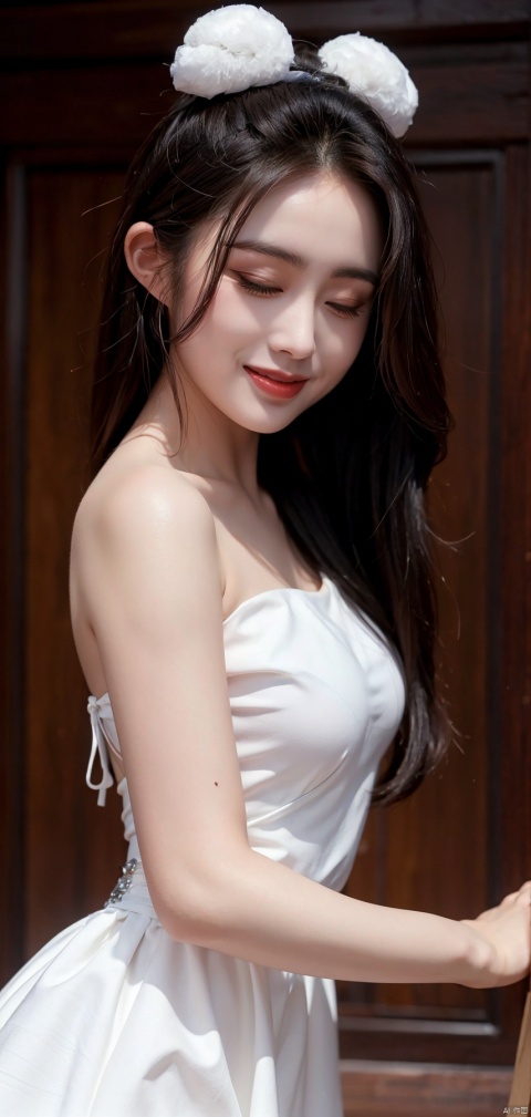  best quality, masterpiece,cowboy shot,(Good structure), DSLR Quality,Depth of field,kind smile,looking_at_viewer,Dynamic pose,,
zhangmin, 1girl, solo, dress, closed eyes, black hair, white dress, animal, bare shoulders