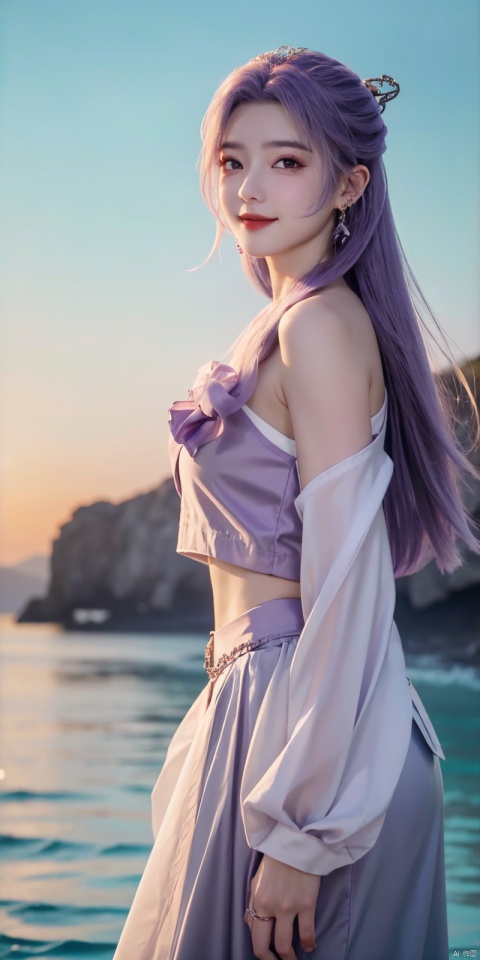  (Good structure),cowboy_shot, DSLR Quality,Depth of field ,looking_at_viewer,Dynamic pose, , kind smile,,
1girl, solo, long hair, , looking at viewer, skirt, hair ornament, bare shoulders, jewelry, , black hair, earrings, outdoors, midriff, water, necklace, lips, crop top, grey eyes, leaning forward, ocean, white skirt, strapless vest, sunset, sun,  , yunxiao,purple_hair