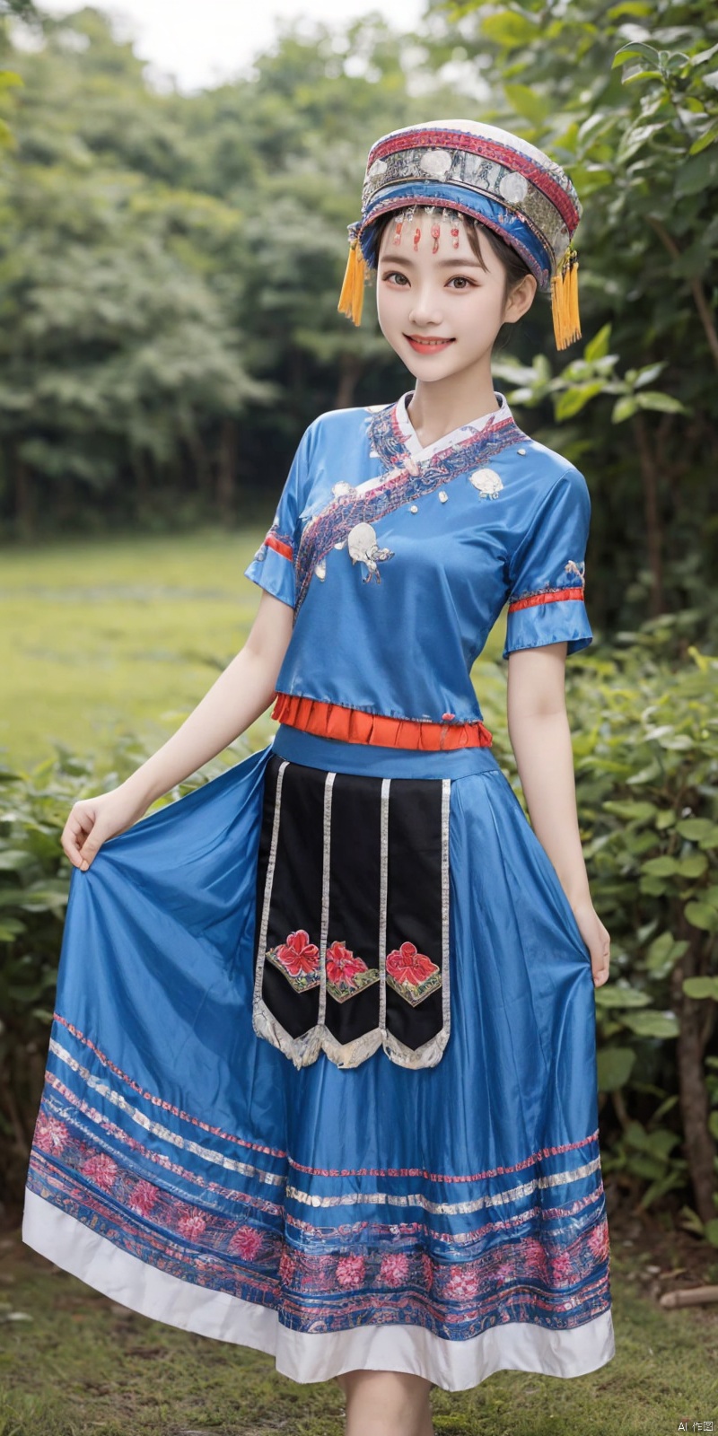 zhuangzu, 1girl, skirt hold, solo, hat, smile, looking at viewer, outdoors, traditional clothes, standing