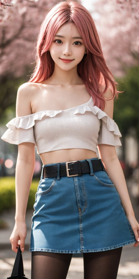  best quality, masterpiece, cowboy_shot,(Good structure), DSLR Quality,Depth of field,kind smile,looking_at_viewer,Dynamic pose,
 1girl, 3d, bare_shoulders, belt, blurry, blurry_background, blurry_foreground, branch, , , , collarbone, cosplay_photo, denim, denim_skirt, depth_of_field, , lips, long_hair, looking_at_viewer, midriff, miniskirt, motion_blur, navel, outdoors, photo_\(medium\), realistic, skirt, solo, standing, tree, , , , blackpantyhose, , yae miko,pink hair