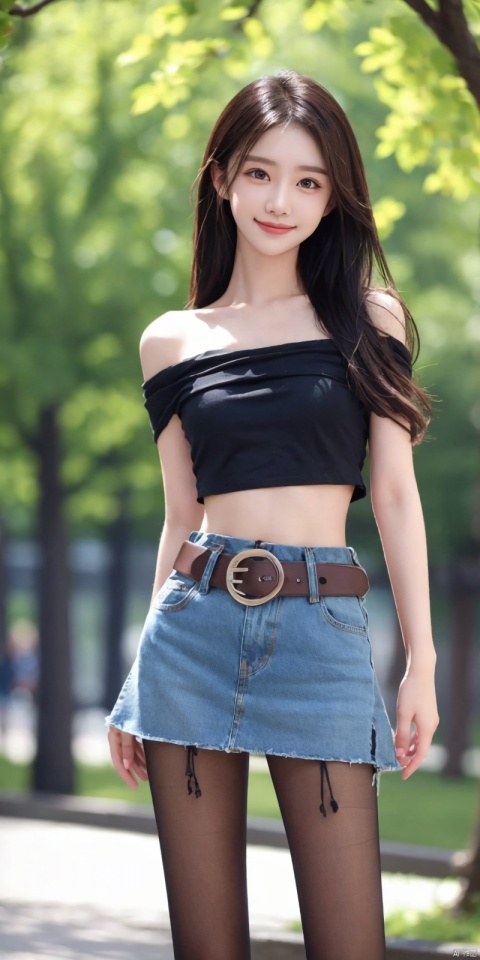  best quality, masterpiece, cowboy_shot,(Good structure), DSLR Quality,Depth of field,kind smile,looking_at_viewer,Dynamic pose,
 1girl, 3d, bare_shoulders, belt, blurry, blurry_background, blurry_foreground, branch, , , , collarbone, *******_photo, denim, denim_skirt, depth_of_field, , lips, long_hair, looking_at_viewer, midriff, miniskirt, motion_blur, navel, outdoors, photo_\(medium\), realistic, skirt, solo, standing, tree, , , , blackpantyhose, , , , , , lianmo