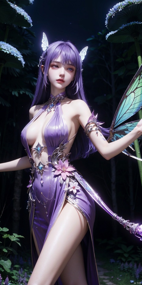  ((4k,masterpiece,best quality)), professional camera, 8k photos, wallpaper 1 girl, solo,purple hair,ethereal fairy, floating on clouds, sparkling gown with iridescent butterfly wings, holding a magic wand, surrounded by dancing fireflies, twilight sky, full moon, mystical forest in the background, glowing mushrooms, enchanted flowers, softly illuminated by bioluminescence, serene expression, delicate features with pointed ears, flowing silver hair adorned with tiny stars, gentle breeze causing her dress and hair to flow ethereally, dreamlike atmosphere, surreal color palette, high dynamic range lighting, intricate details, otherworldly aesthetic.
, hand