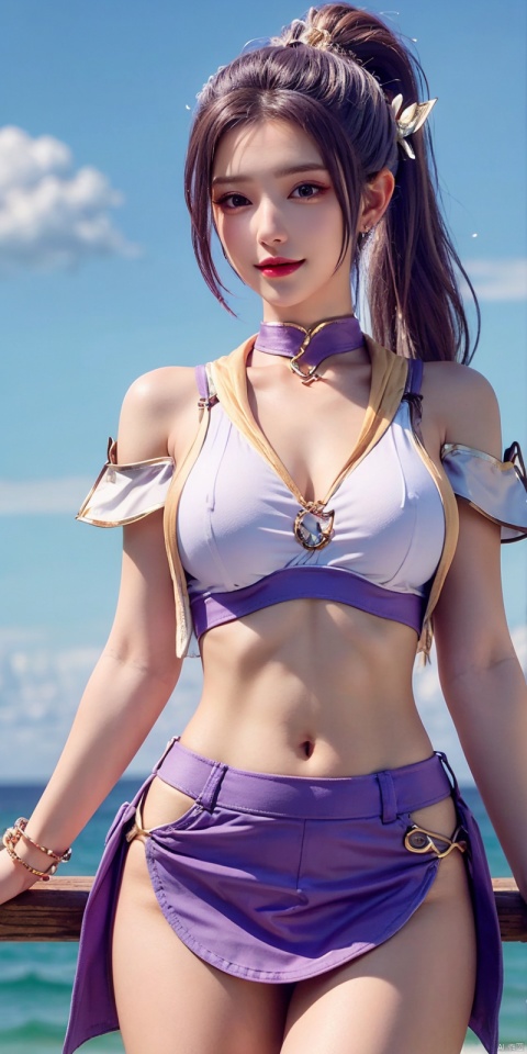 cowboy_shot,(Good structure),, Blue sky, mini skirt,white clouds, ocean,nai3, 1girl, , solo, crop top,  choker, navel, , midriff, crop top overhang, looking at viewer, , jewelry, breasts, bare shoulders, , off-shoulder shirt, off shoulder, black choker, thighs, stomach, , long hair, bracelet, short sleeves, ribbon, , collarbone, hair ribbon, medium breasts, ,,  bra strap, , hair ornament, thigh gap, necklace,  , ,kind smile, , , hanyue, high ponytail, purple hair,Dynamic pose