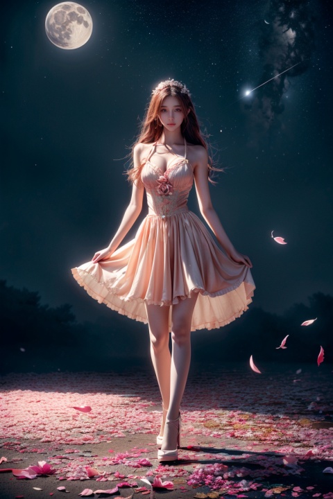 1girl, (masterpiece, best quality, official art, beautiful and aesthetic:1.2), unity 8k wallpaper, (photorealistic:1.4), extreme detailed, colorful, full_body, flower blooming, floating petals, light effects, flower garden, starry sky, moon, emblem,,sunyunzhu,jingling