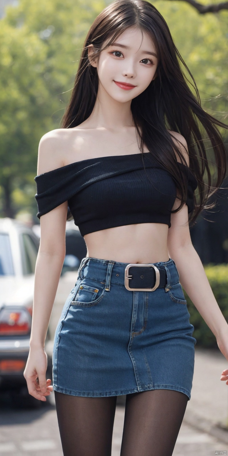  best quality, masterpiece, cowboy_shot,(Good structure), DSLR Quality,Depth of field,kind smile,looking_at_viewer,Dynamic pose,
 1girl, 3d, bare_shoulders, belt, blurry, blurry_background, blurry_foreground, branch, , , , collarbone, *******_photo, denim, denim_skirt, depth_of_field, , lips, long_hair, looking_at_viewer, midriff, miniskirt, motion_blur, navel, outdoors, photo_\(medium\), realistic, skirt, solo, standing, tree, , , , blackpantyhose, , , , , , , lizhien