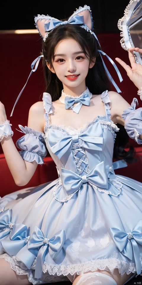  (Good structure), DSLR Quality,Depth of field,kind smile,looking_at_viewer,Dynamic pose, ,(wariza),,Girl, bare shoulders, , boobs, bow tie, ,purple eyes, cat ears, collar, ((Lolita Dress: 1.4)) , blue and white Lolita dress, wrinkled leg outfit, hand-held, lips, nose, shoulders, , alone, long_hair, kind smile, looking at the audience, white leg costume, wrist cuffs, 1girl,,looking_at_viewer, , lolidress , ,dress, zhouye