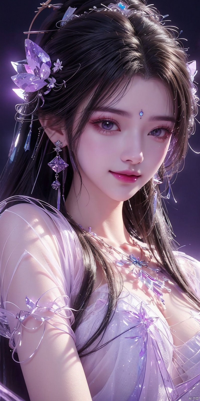  (Good structure),cowboy_shot, DSLR Quality,Depth of field ,looking_at_viewer,Dynamic pose, , kind smile,
1 girl,(Purple light effect),hair ornament,jewelry,looking at viewer, (\meng ze\), wangyushan, dofas,(ultra-detailed crystallization),transparent crystals, qingyi