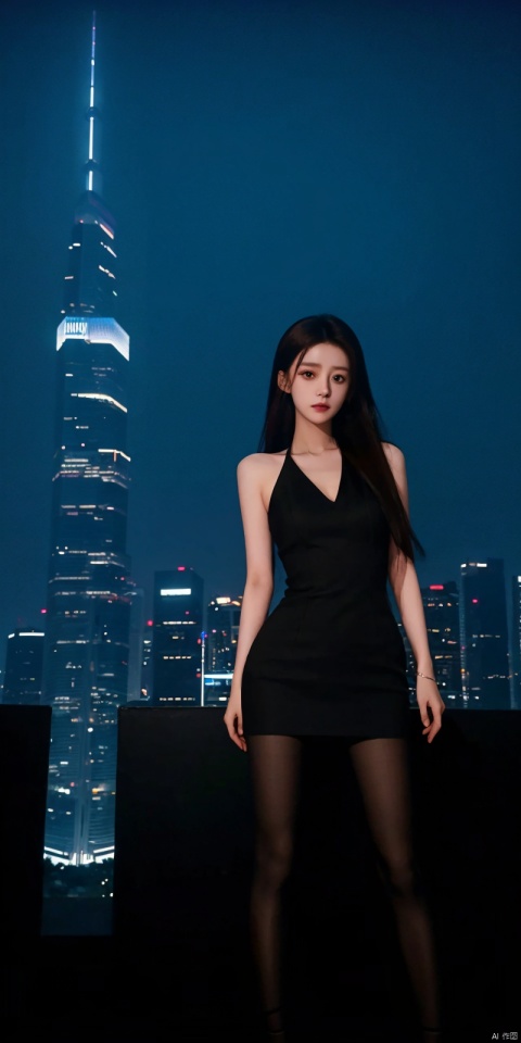  neonpunk style Neon noir leogirl,hANMEIMEI,realistic photography,,On the rooftop of a towering skyscraper,a girl stands,facing the camera directly. Behind her,a multitude of skyscrapers stretches into the distance,creating a breathtaking urban panorama. It's the perfect dusk moment,with the evening sun casting a warm glow on the girl's face,intensifying the scene's impact. The photo captures a sense of awe,with the sharpness and realism making every detail vivid and clear,Hair fluttered in the wind,long hair,halterneck, . cyberpunk, vaporwave, neon, vibes, vibrant, stunningly beautiful, crisp, detailed, sleek, ultramodern, magenta highlights, dark purple shadows, high contrast, cinematic, ultra detailed, intricate, professional, ((poakl)), Light master,, , sunyi, blackpantyhose