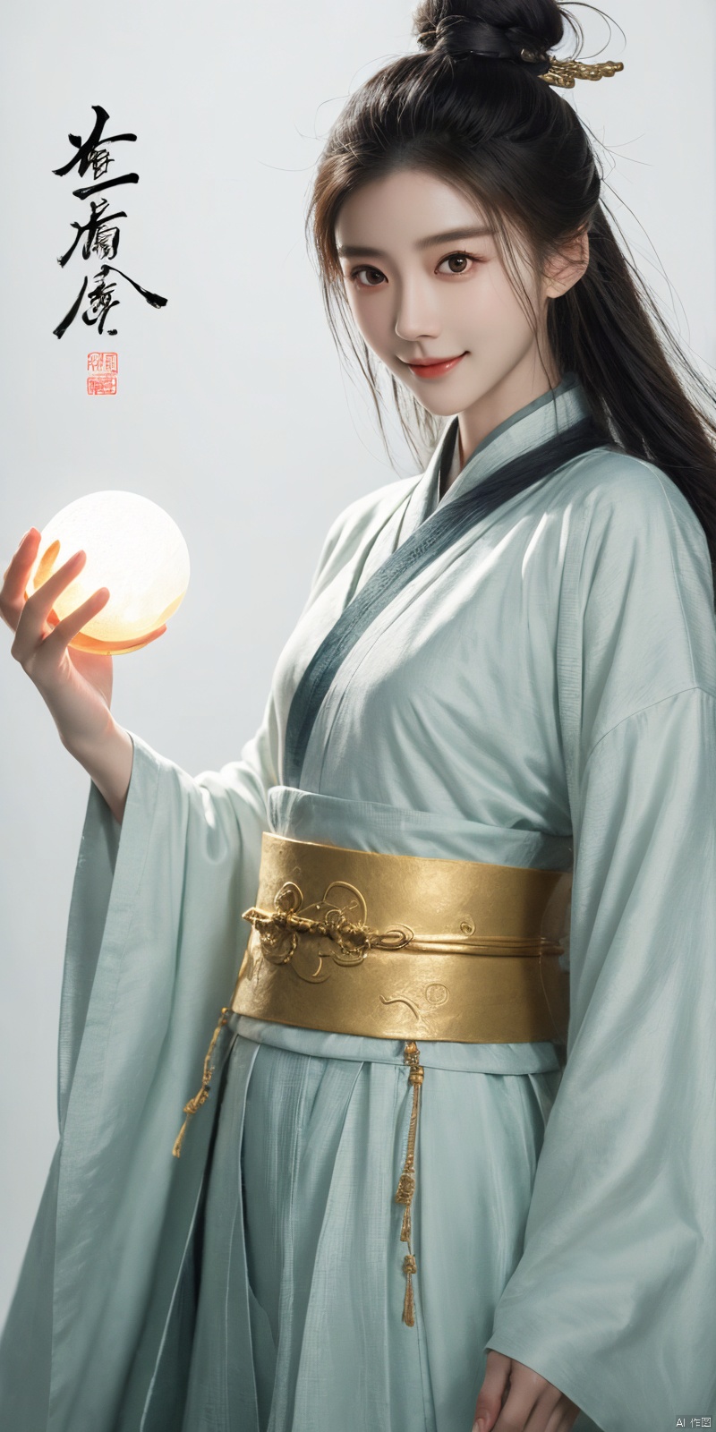  best quality, masterpiece, cowboy_shot,(Good structure), DSLR Quality,Depth of field,kind smile,looking_at_viewer,Dynamic pose, 
 a woman with white hair holding a glowing ball in her hands, white haired deity, by Yang J, heise jinyao, inspired by Zhang Han, xianxia fantasy, flowing gold robes, inspired by Guan Daosheng, human and dragon fusion, cai xukun, inspired by Zhao Yuan, with long white hair, fantasy art style,,Ink scattering_Chinese style, smwuxia Chinese text blood weapon:sw, lotus leaf, (\shen ming shao nv\), gold armor, angel