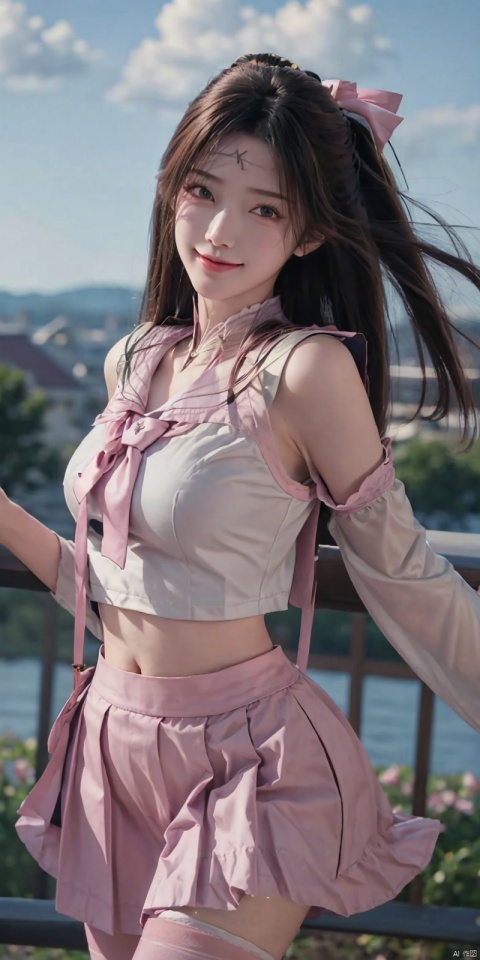 best quality, masterpiece, realistic,cowboy_shot,(Good structure), DSLR Quality,Depth of field,kind smile,looking_at_viewer,Dynamic pose, 
,  Wind, flowing hair, , Dynamic pose, , perfect body, Blue sky and white clouds, campus, sailor senshi uniform,pink bow,pink necktie,pink sailor collar,pinkskirt, ,,pink_hair, blackpantyhose,jinpinger